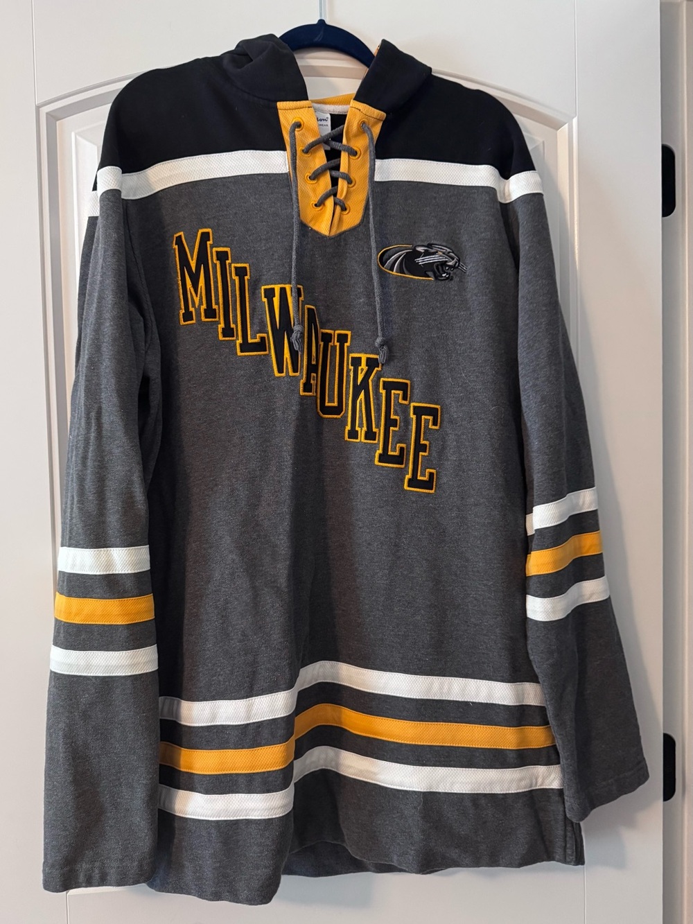 UWM Milwaukee Grey & Gold Lace-Up Hockey Hoodie Heavyweight